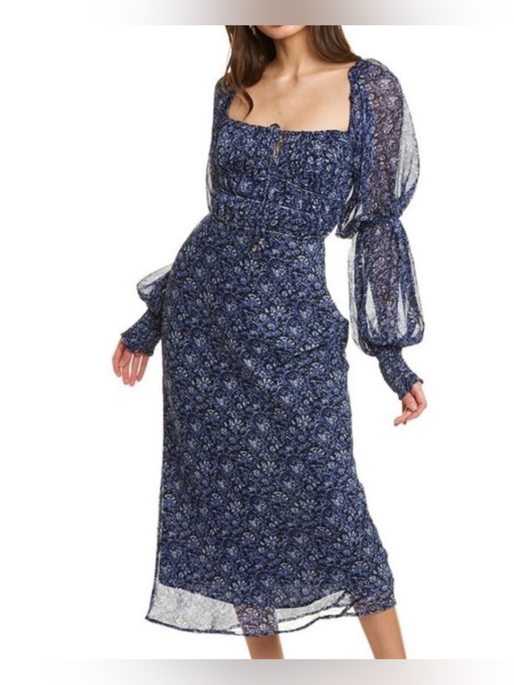 Free People Aglow or Glow Up Smocked Floral Puff-Sleeve Midi Dress Size Small